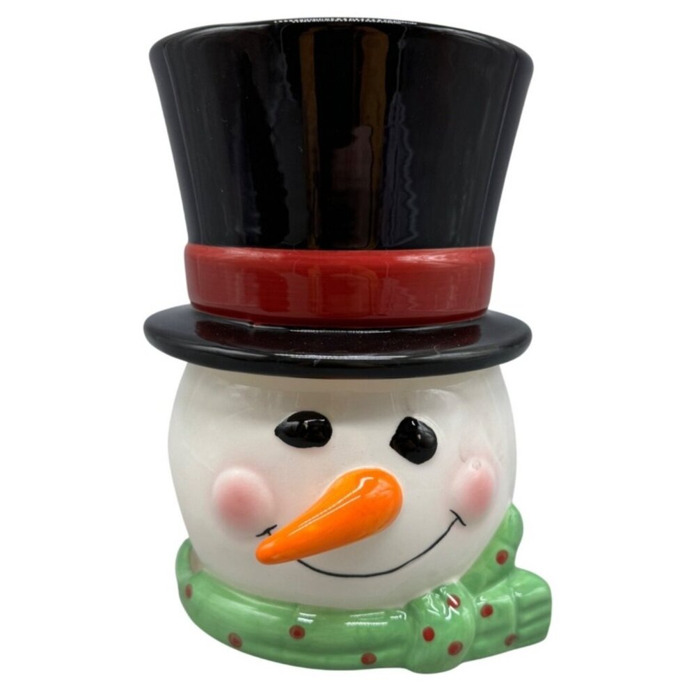CIB snow much fun Christmas snowman fondue set 2 pc ceramic top hat scarf READ